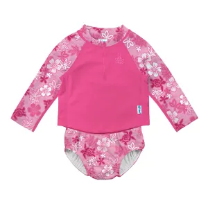 2pc LS Zip Rashguard Shirt Set with Snap Reusable Absorbent Swim Diaper-Pink Hawaiian Turtle