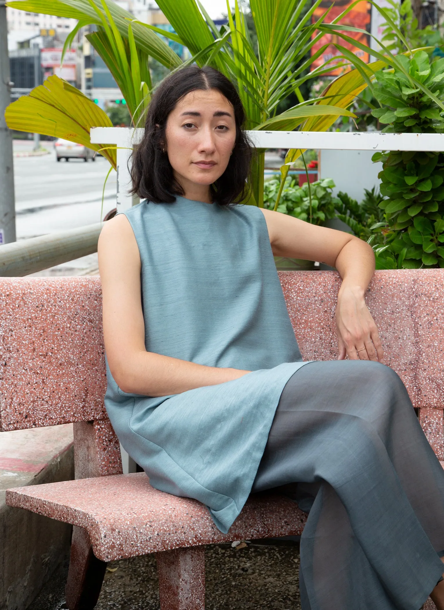 Gather Wind Raised Collar Silk Dress - Ocean Blue