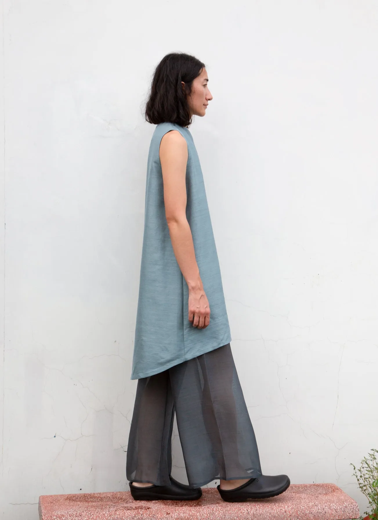 Gather Wind Raised Collar Silk Dress - Ocean Blue