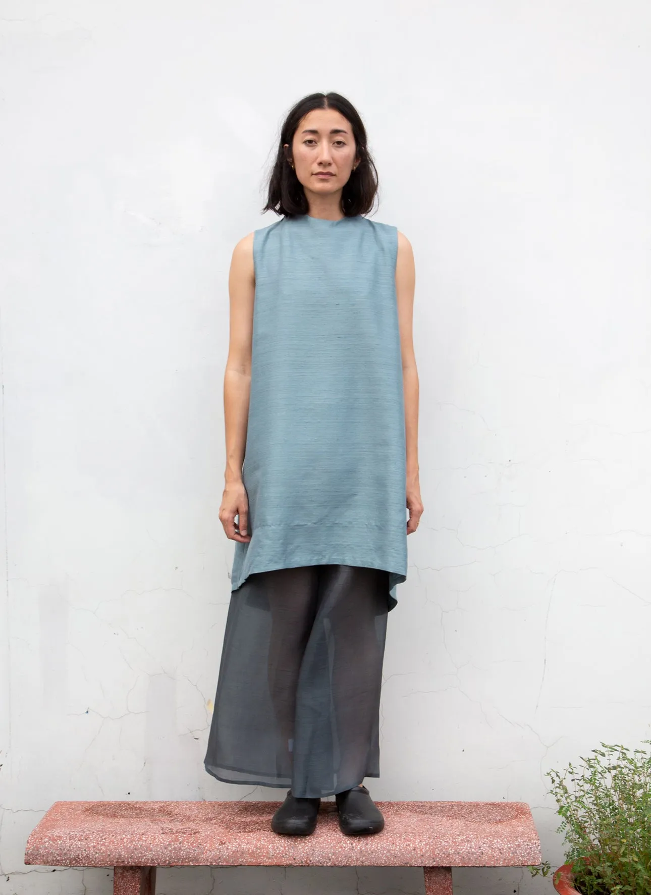 Gather Wind Raised Collar Silk Dress - Ocean Blue