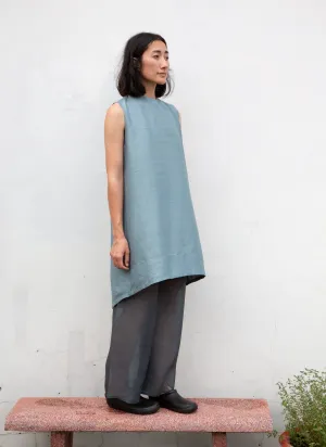 Gather Wind Raised Collar Silk Dress - Ocean Blue