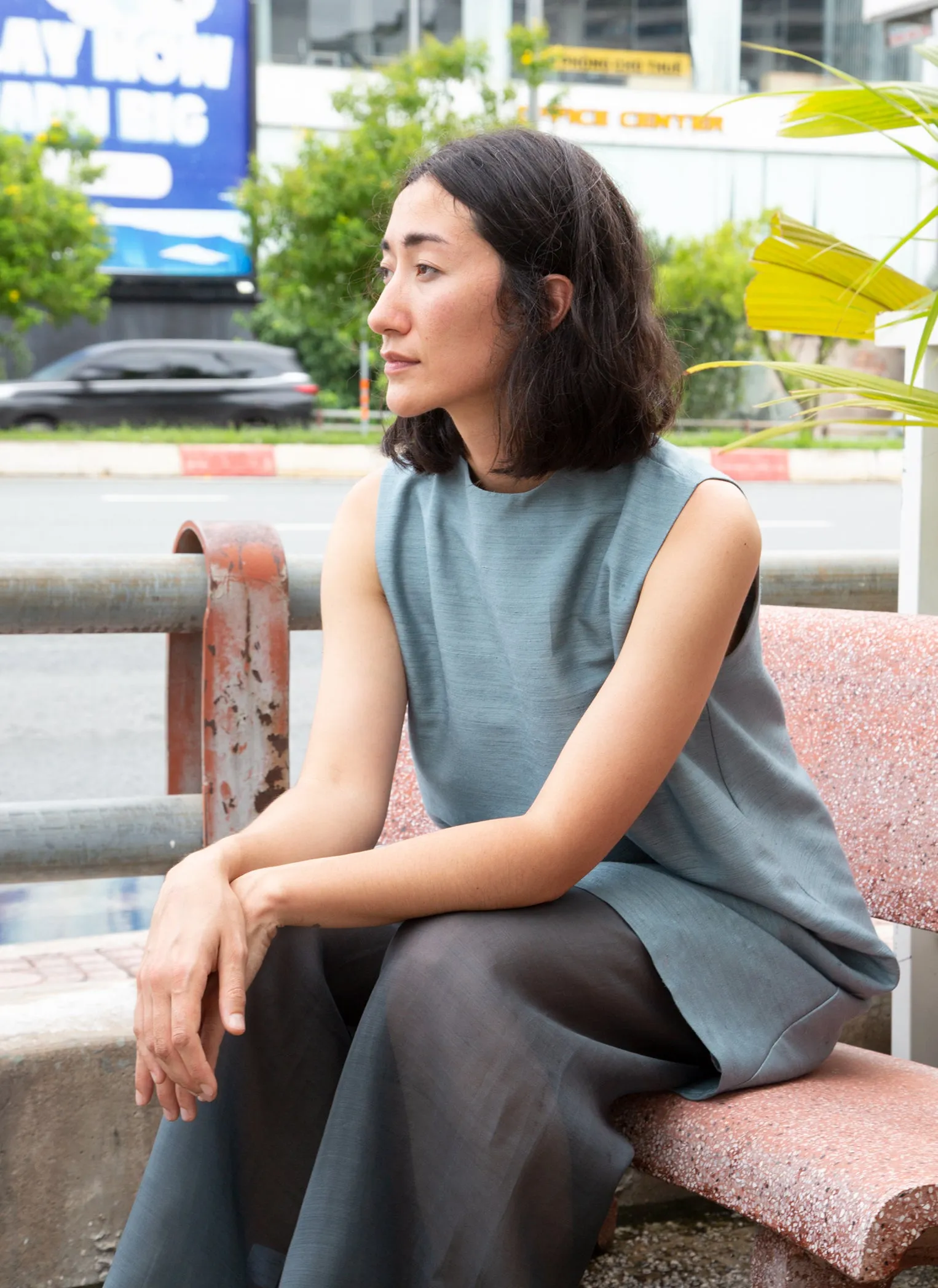 Gather Wind Raised Collar Silk Dress - Ocean Blue
