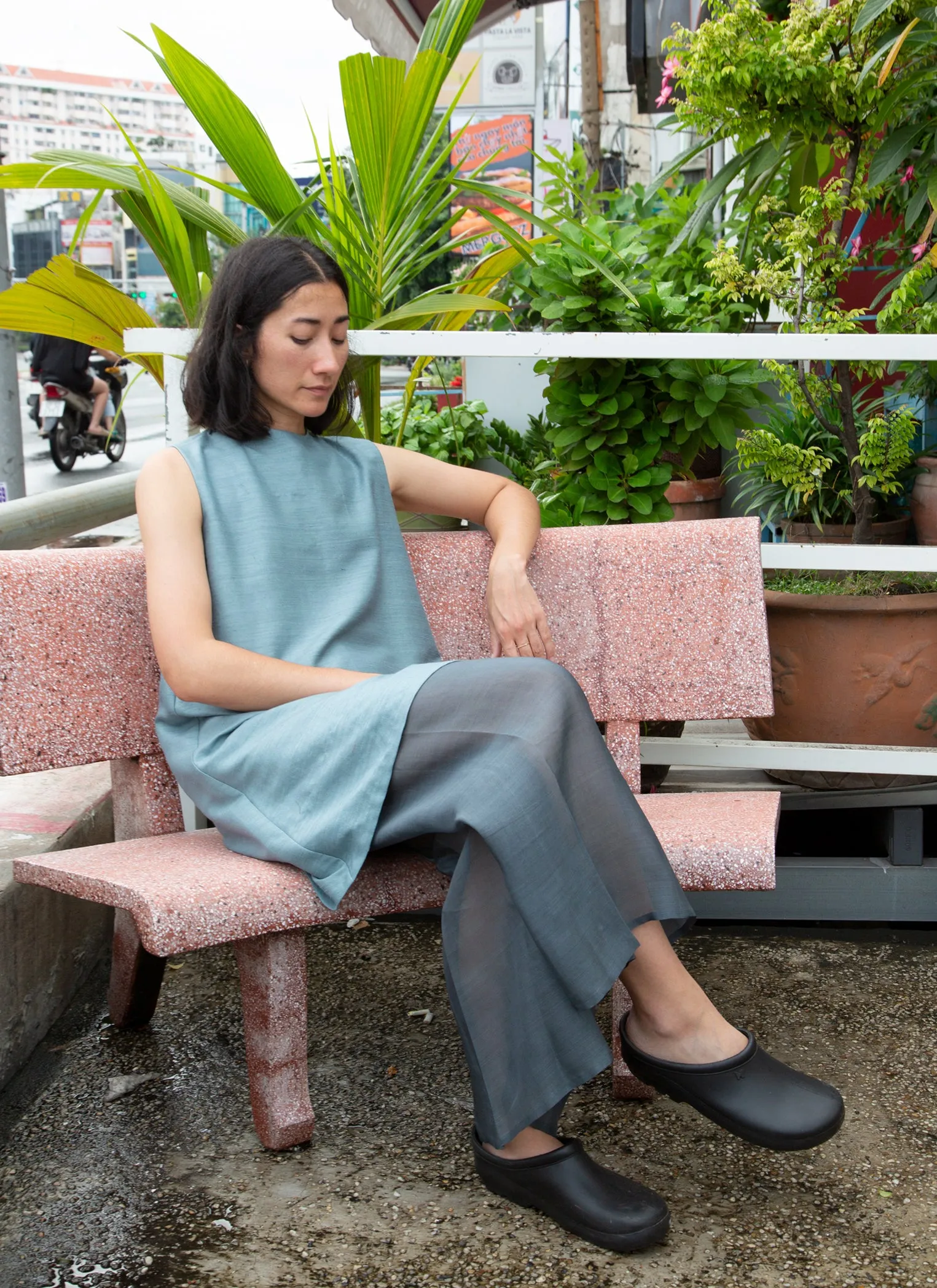 Gather Wind Raised Collar Silk Dress - Ocean Blue