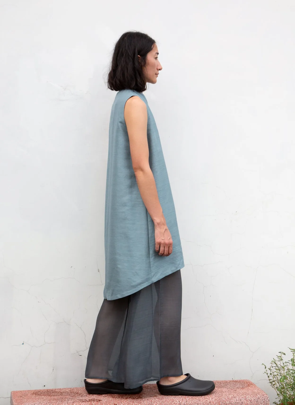Gather Wind Raised Collar Silk Dress - Ocean Blue