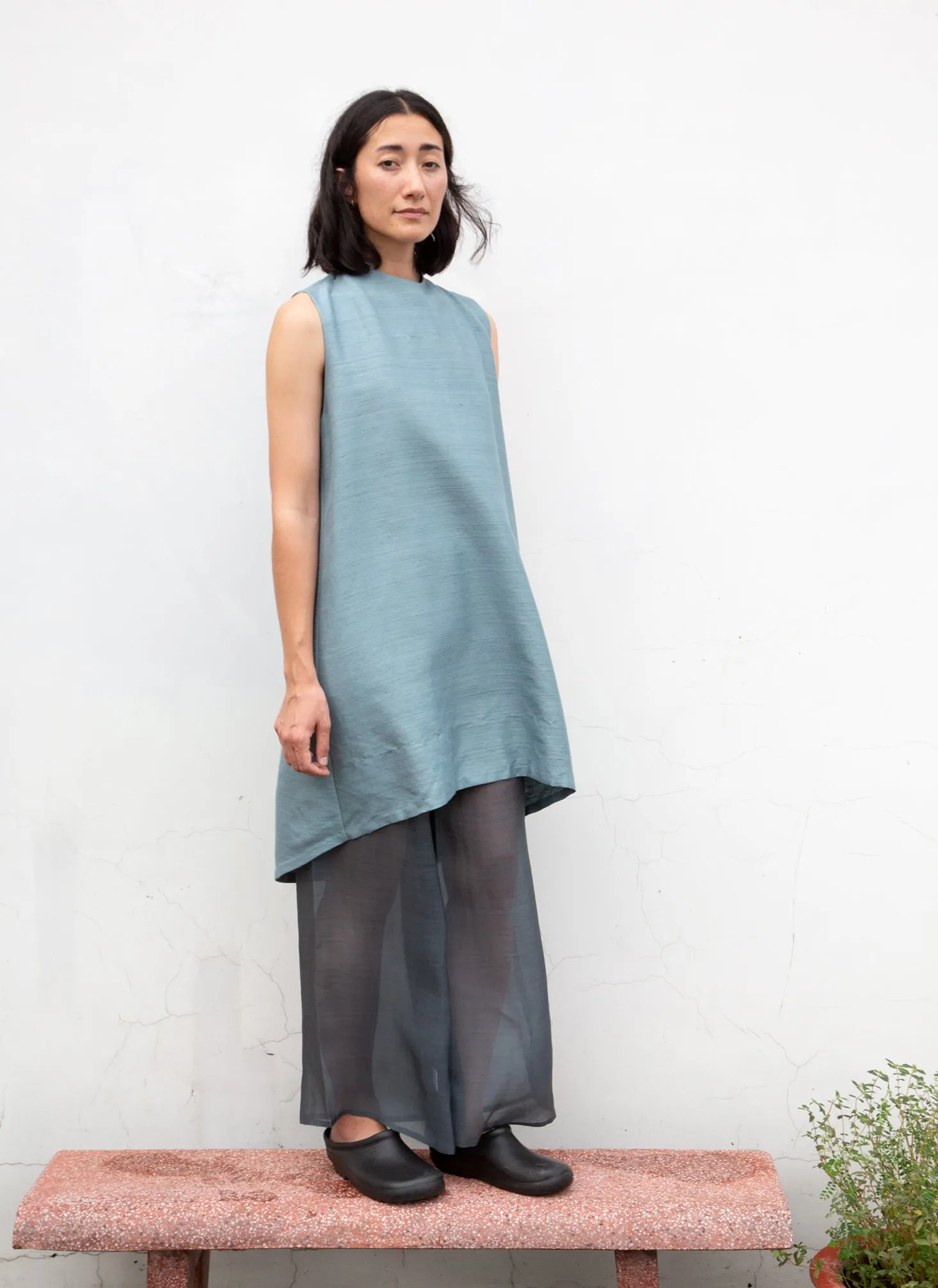 Gather Wind Raised Collar Silk Dress - Ocean Blue