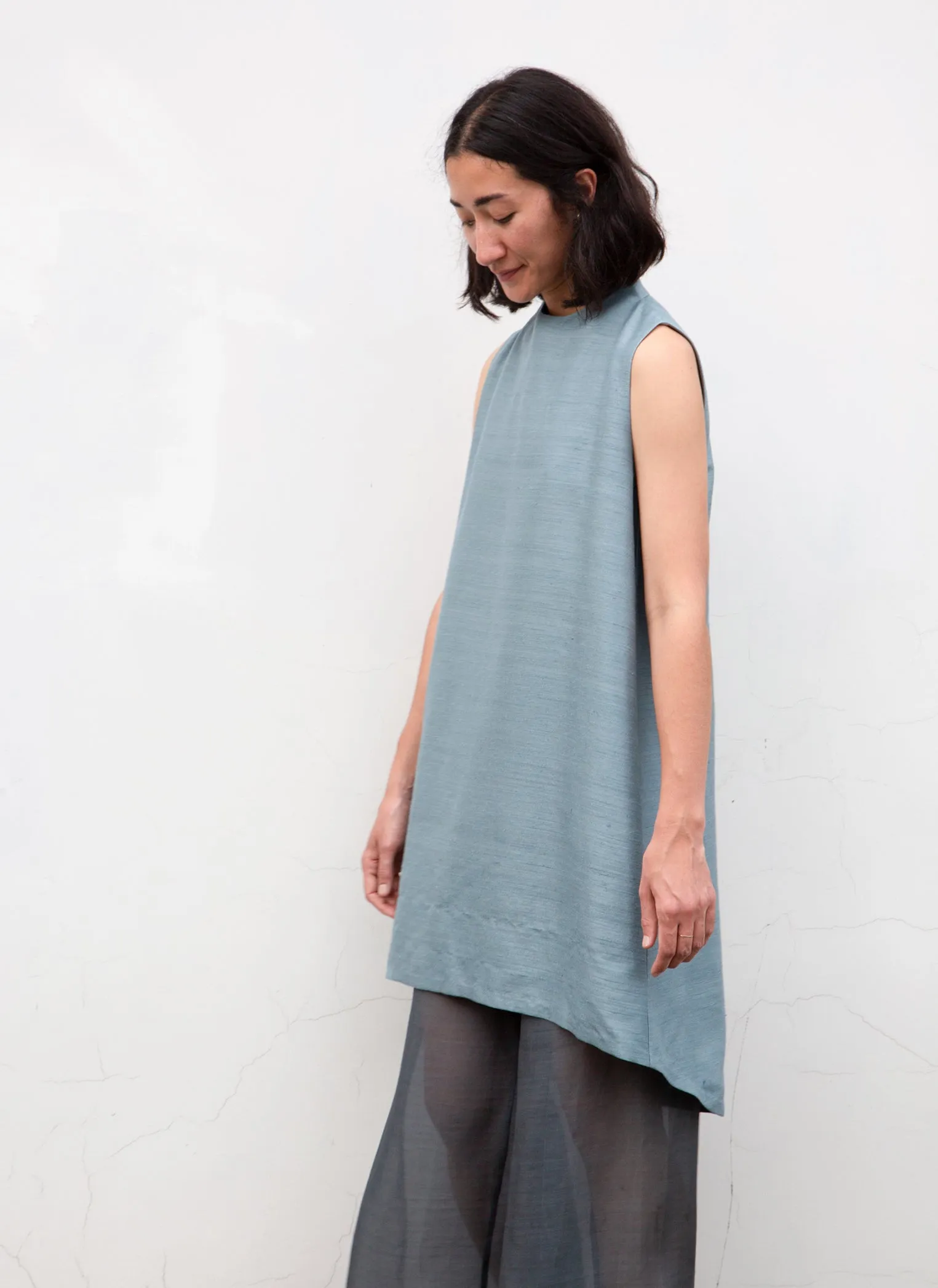 Gather Wind Raised Collar Silk Dress - Ocean Blue