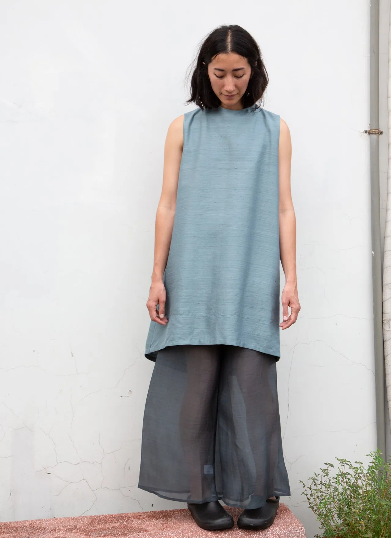 Gather Wind Raised Collar Silk Dress - Ocean Blue
