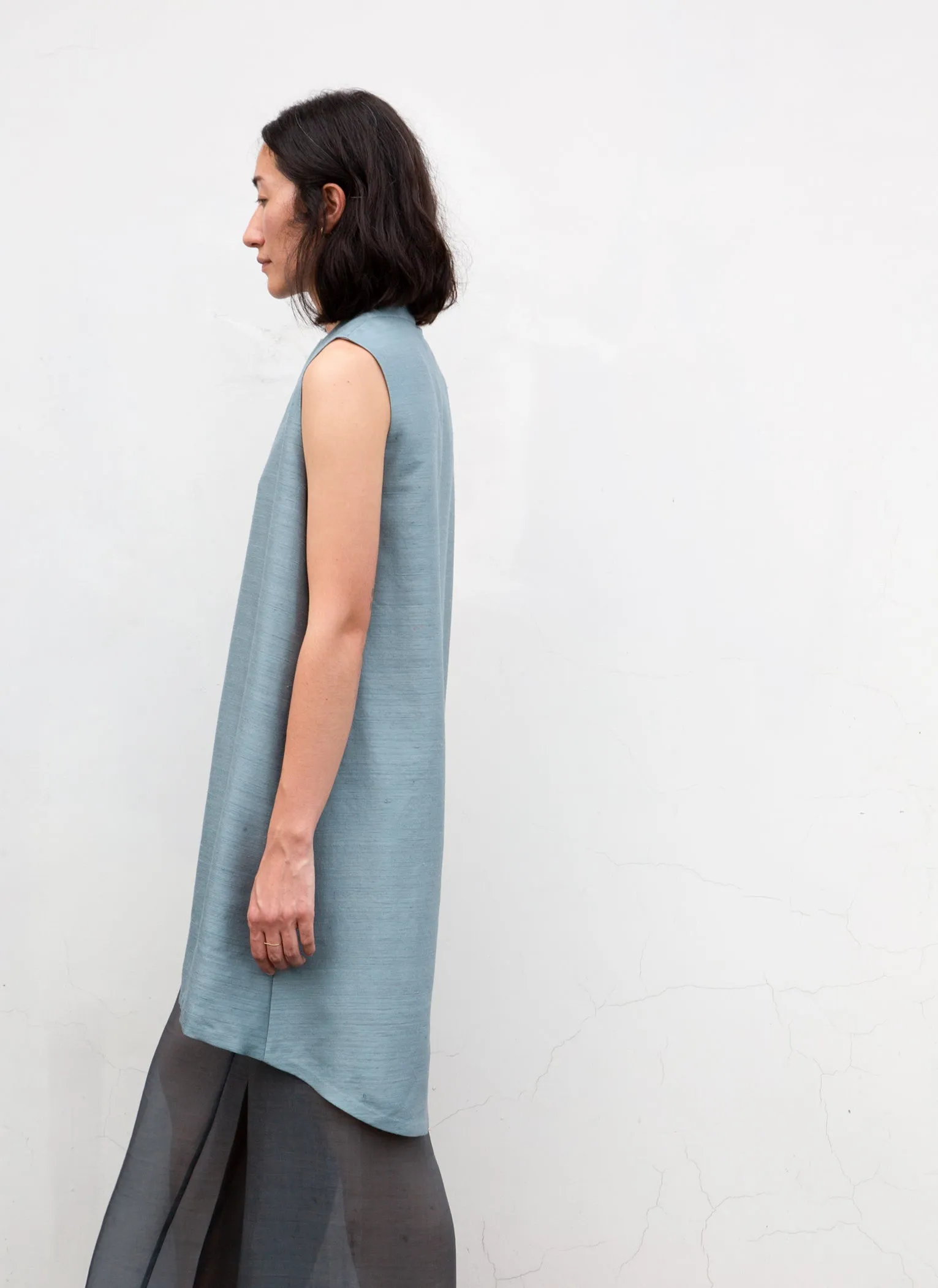 Gather Wind Raised Collar Silk Dress - Ocean Blue