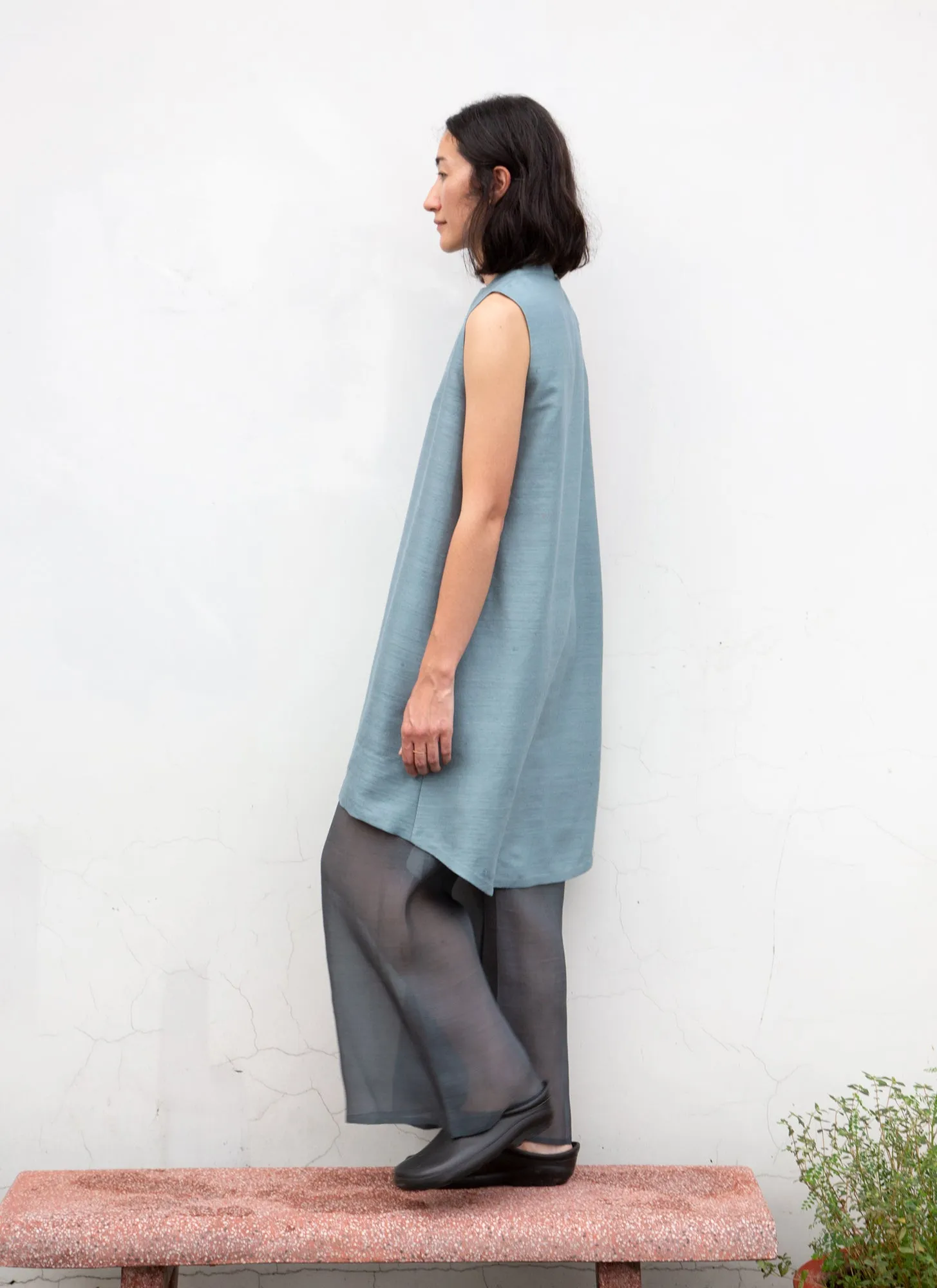 Gather Wind Raised Collar Silk Dress - Ocean Blue